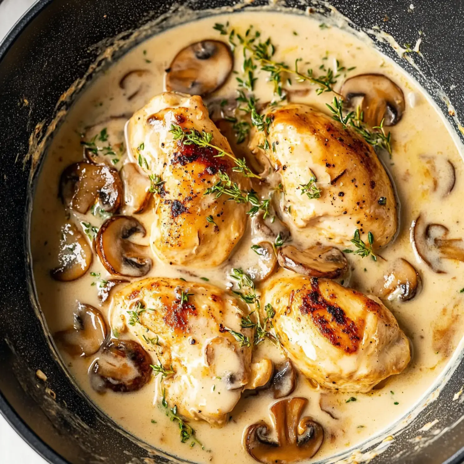 A creamy mushroom sauce surrounds golden-brown chicken breasts garnished with fresh thyme in a skillet.