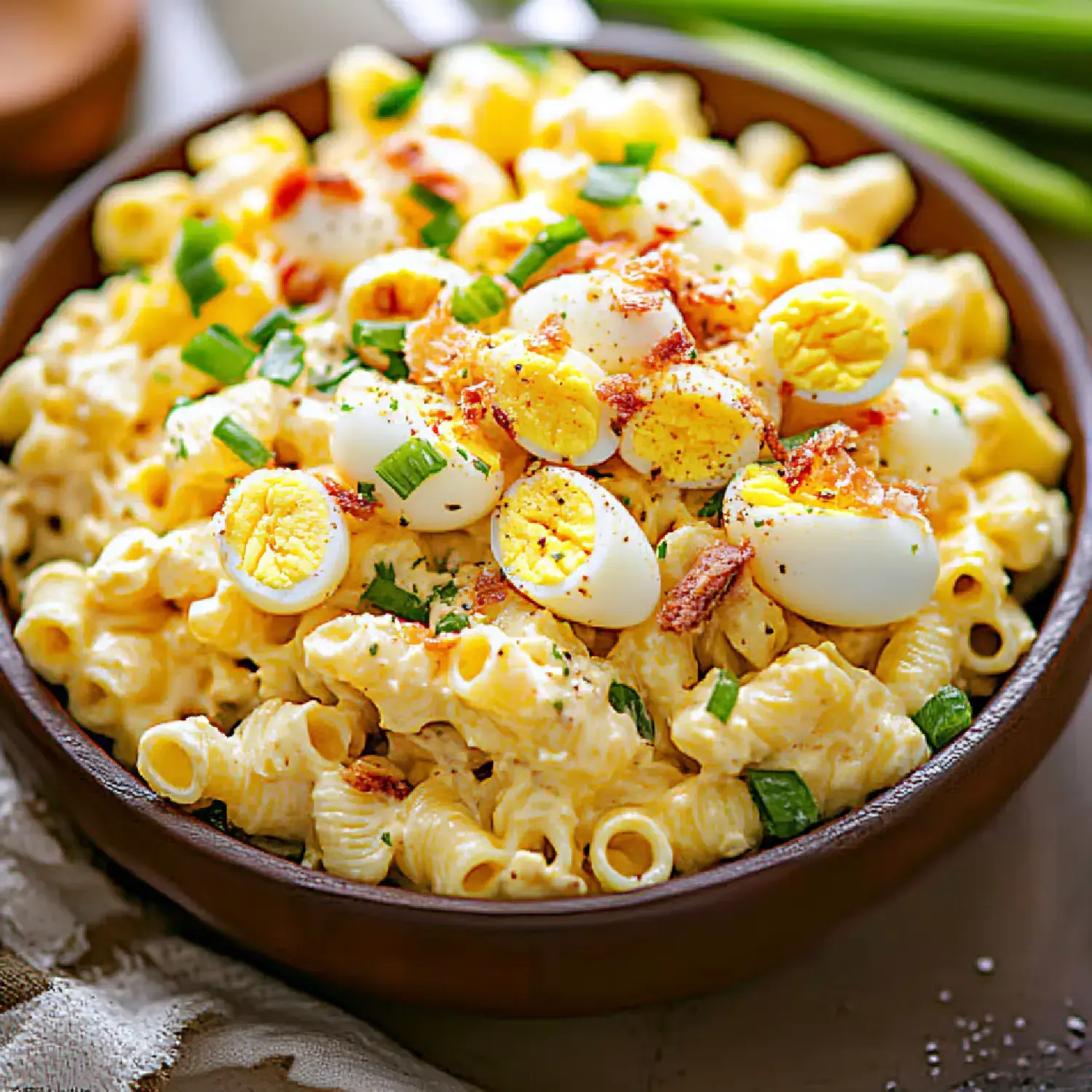 A bowl of creamy macaroni pasta topped with sliced boiled eggs, bacon bits, and green onions.