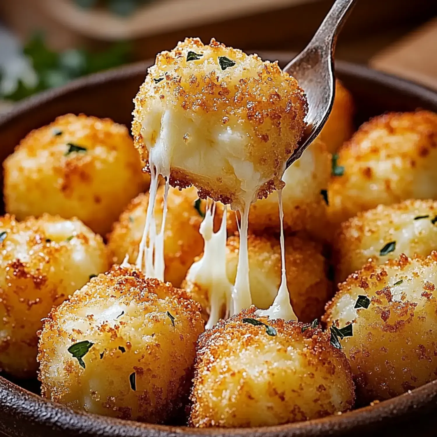 A spoon lifts a cheesy, golden-brown, breadcrumb-coated ball, revealing gooey cheese stretching from it.