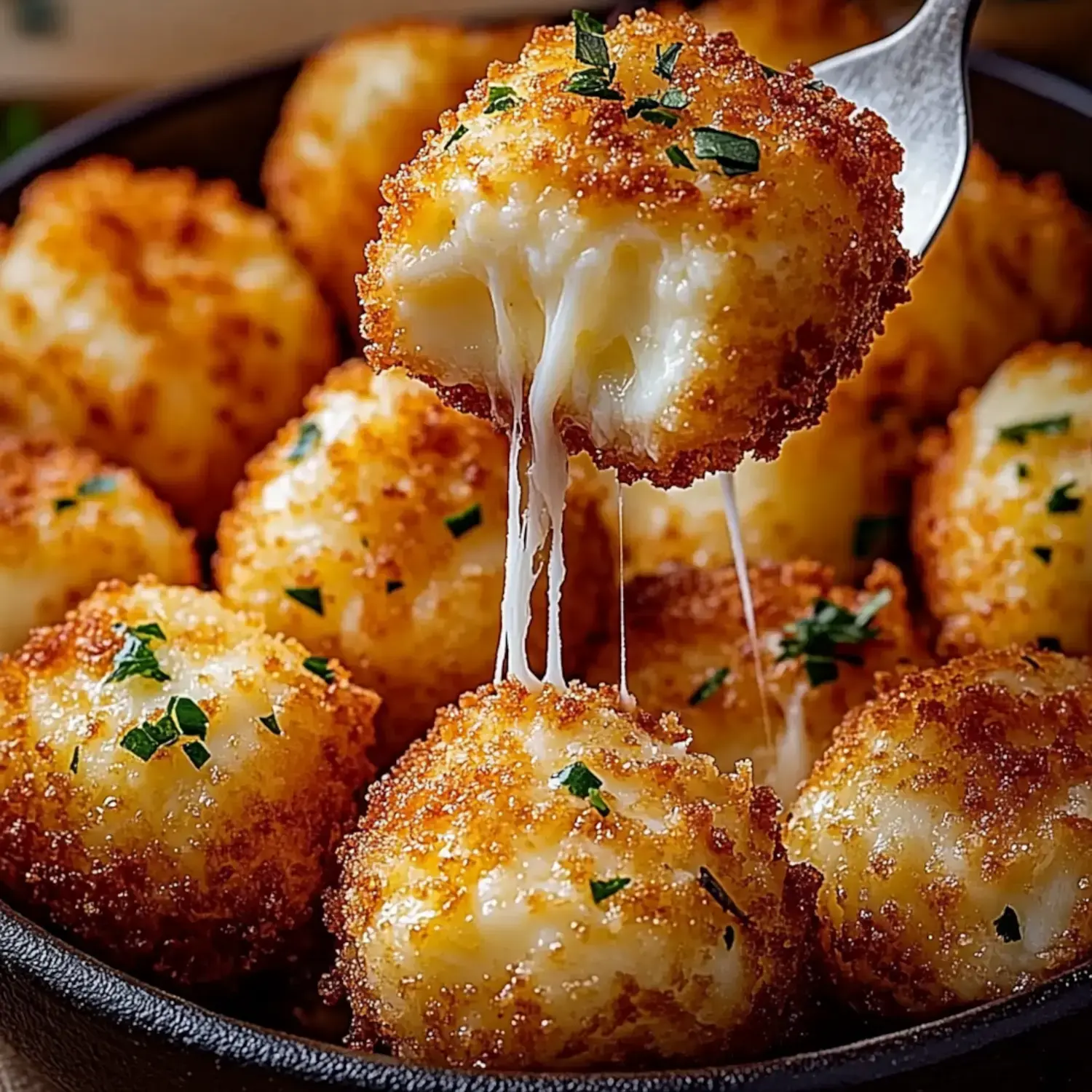 A fork lifts a crispy, golden-brown cheese ball, revealing melted cheese stretching between the ball and the fork, surrounded by more cheese balls in a bowl.