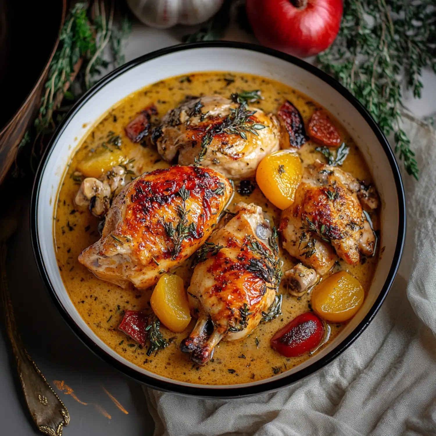 A beautifully arranged dish of roasted chicken pieces in a creamy sauce, garnished with herbs and accompanied by colorful vegetables.