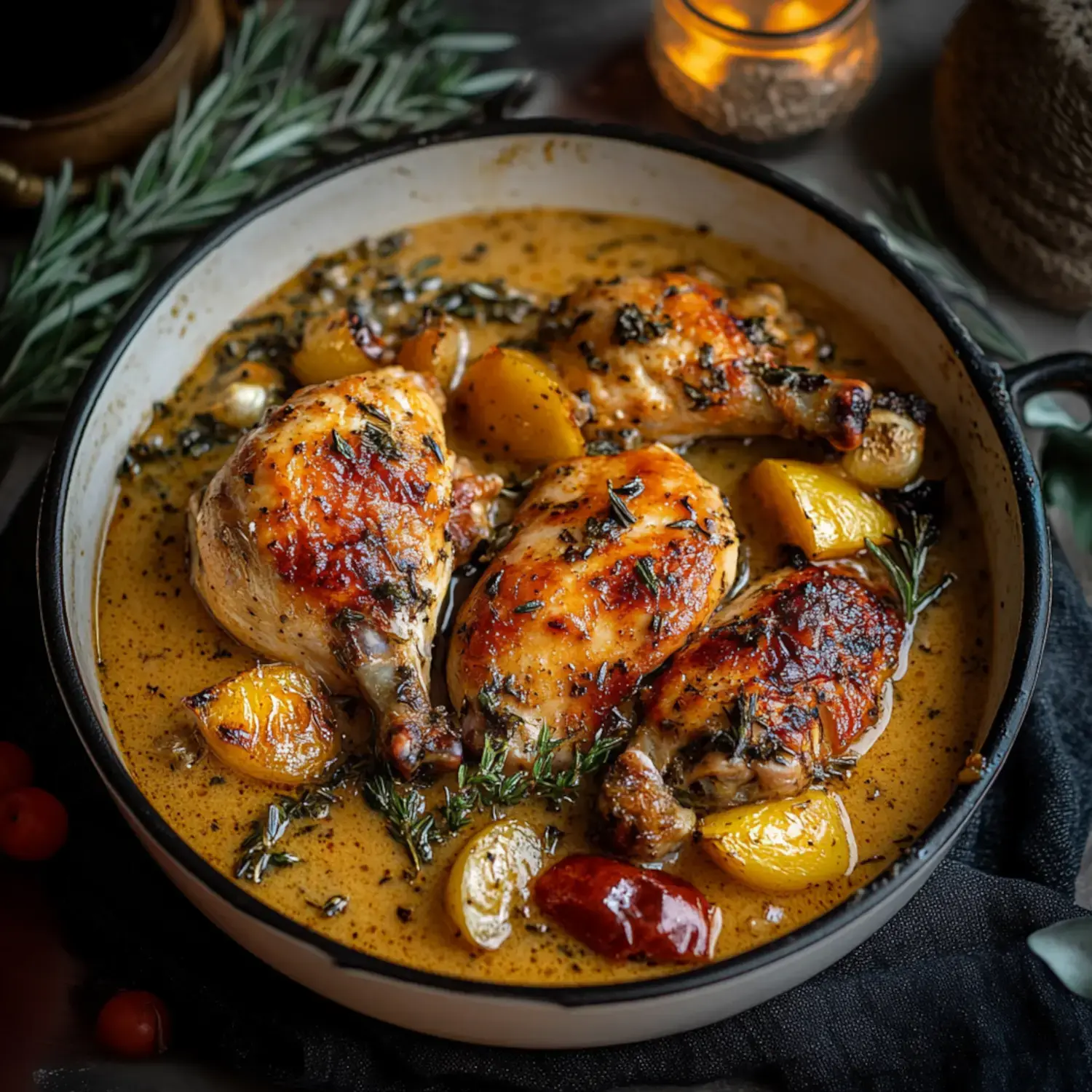 A close-up of roasted chicken pieces with herbs and lemon slices in a creamy sauce, served in a rustic dish.