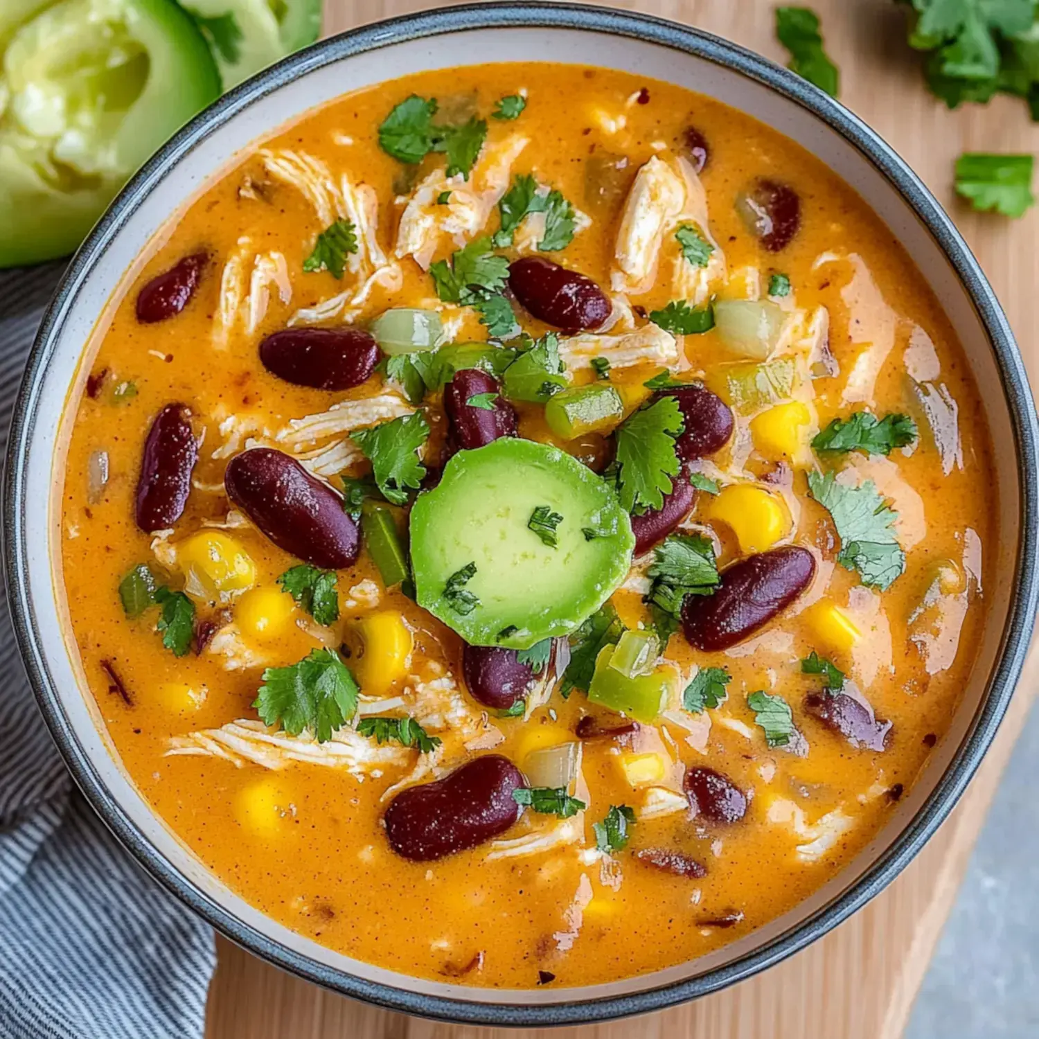 A bowl of creamy soup featuring shredded chicken, kidney beans, corn, and topped with chopped cilantro and a slice of jalapeño.