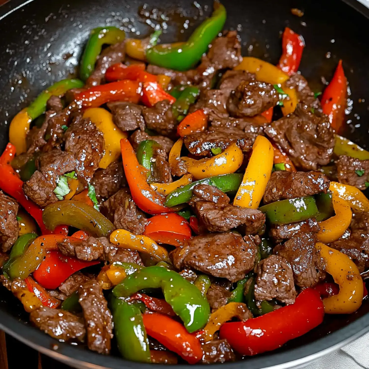 A stir-fry dish featuring tender beef chunks mixed with vibrant sliced bell peppers in a savory sauce.