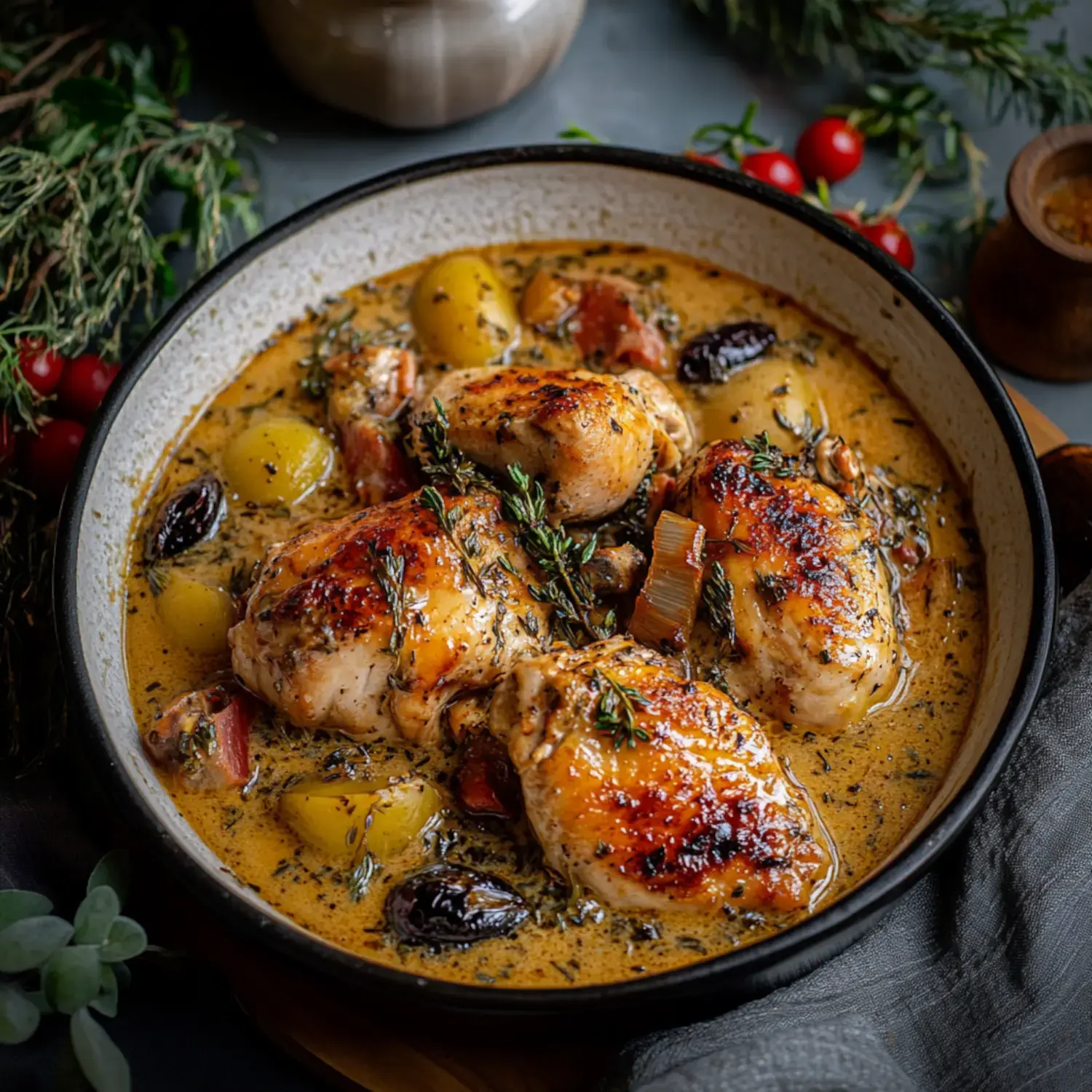 A bowl of creamy chicken dish with herbs, potatoes, and dark olives, garnished with thyme, surrounded by fresh sprigs of herbs.