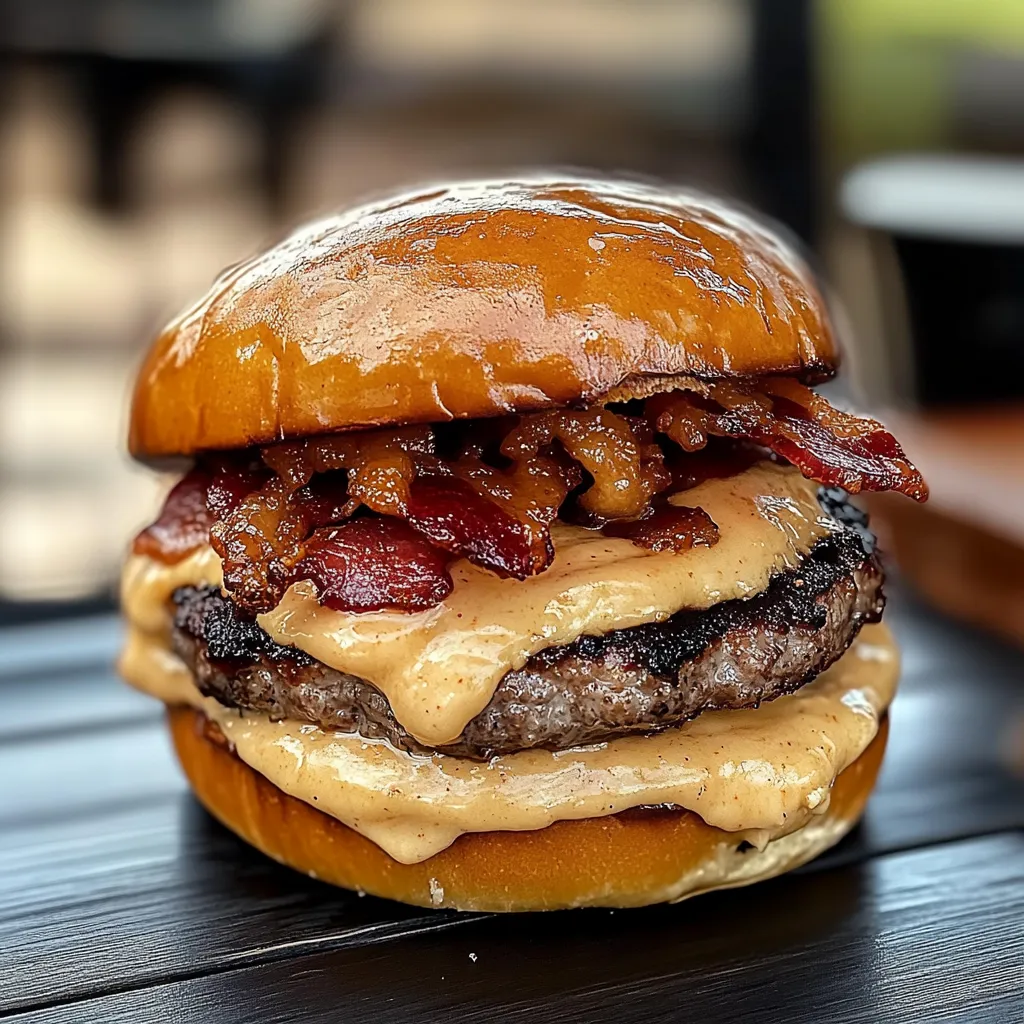 A close-up of a juicy burger , topped with melted cheese, crispy bacon, and a creamy sauce