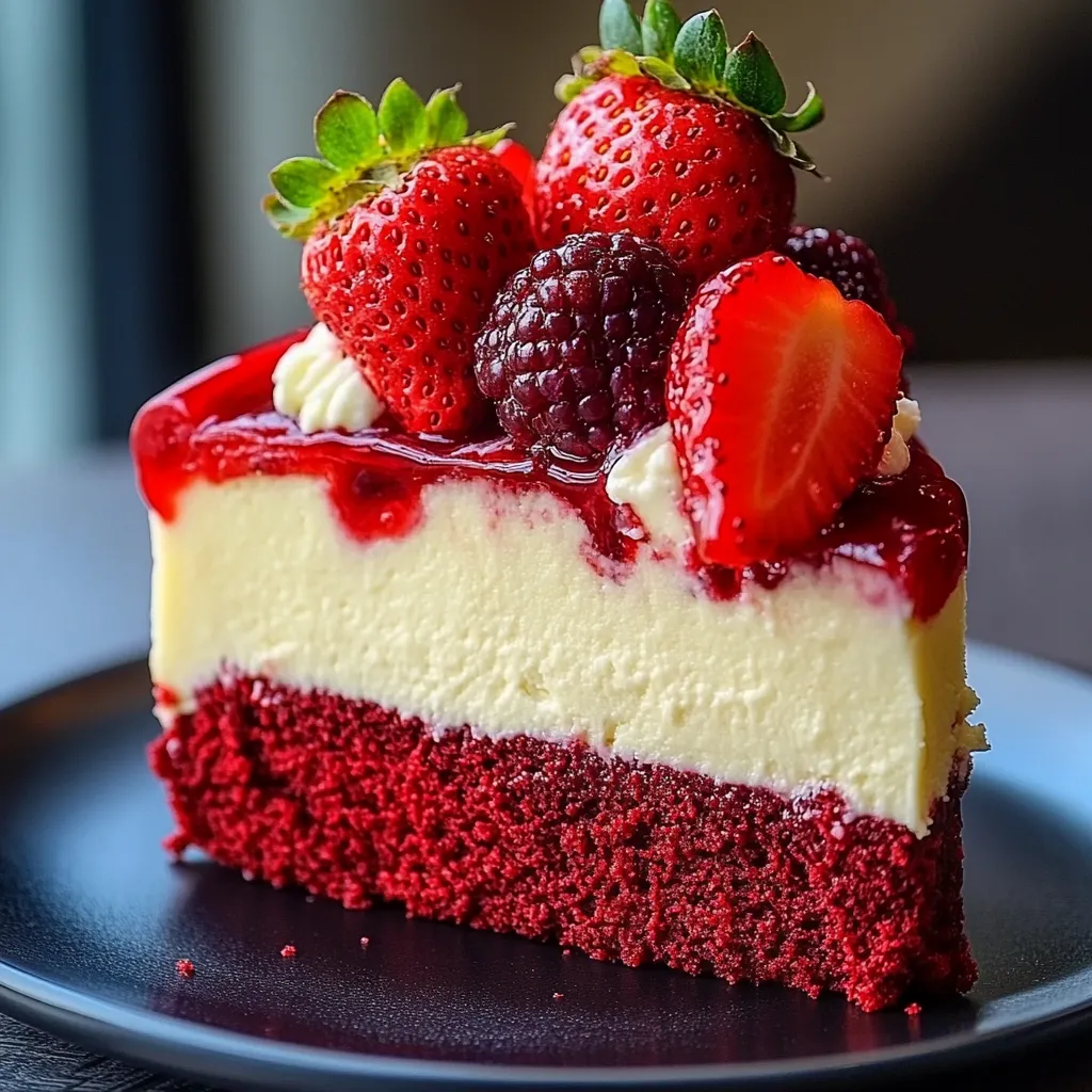 Creamy red velvet strawberry cheesecake with layers of rich flavors and a sweet fruity topping.