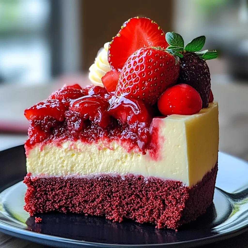 Luscious red velvet strawberry cheesecake with a smooth, creamy texture and vibrant flavors.