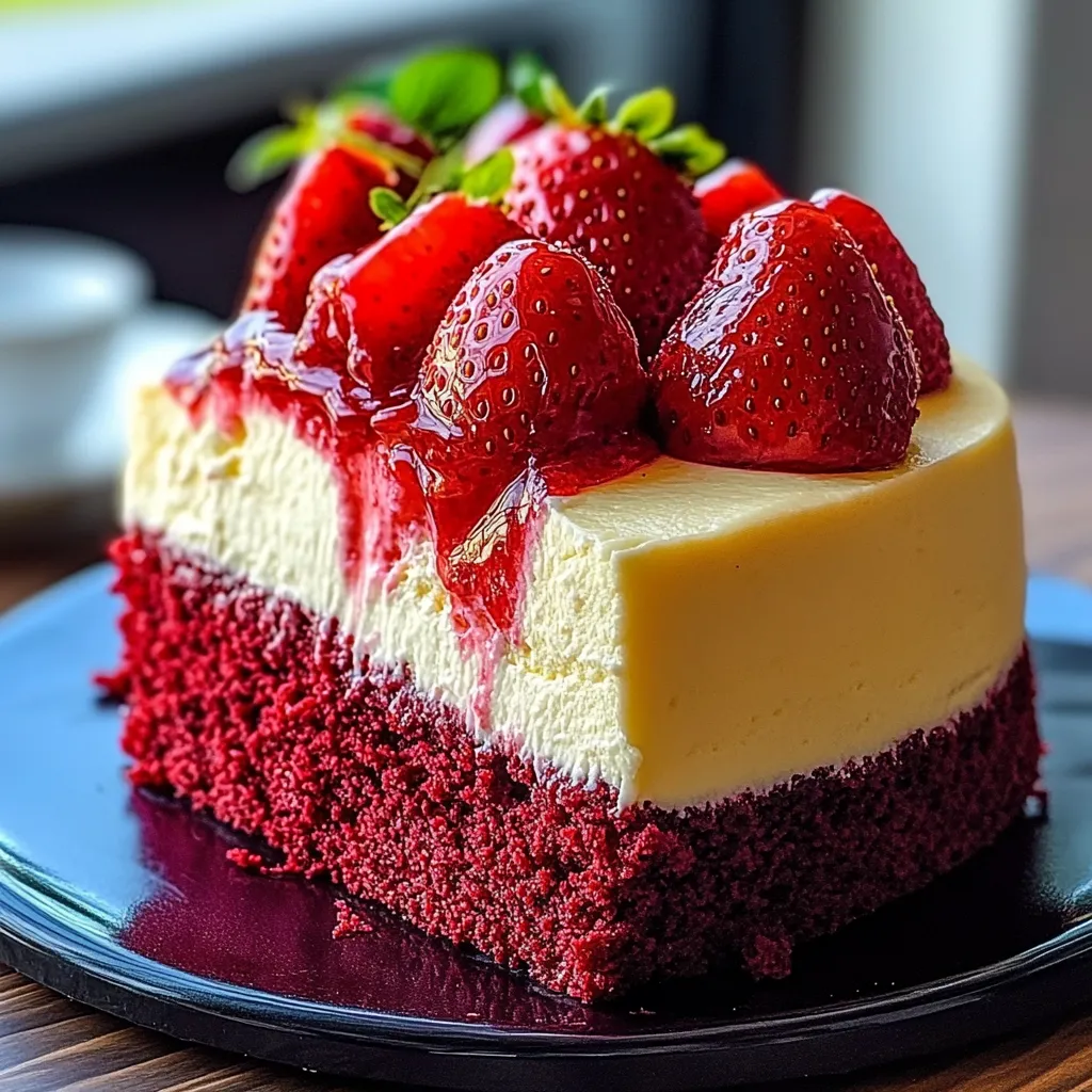 Decadent strawberry cheesecake on a red velvet base, perfect for celebrations or special moments.