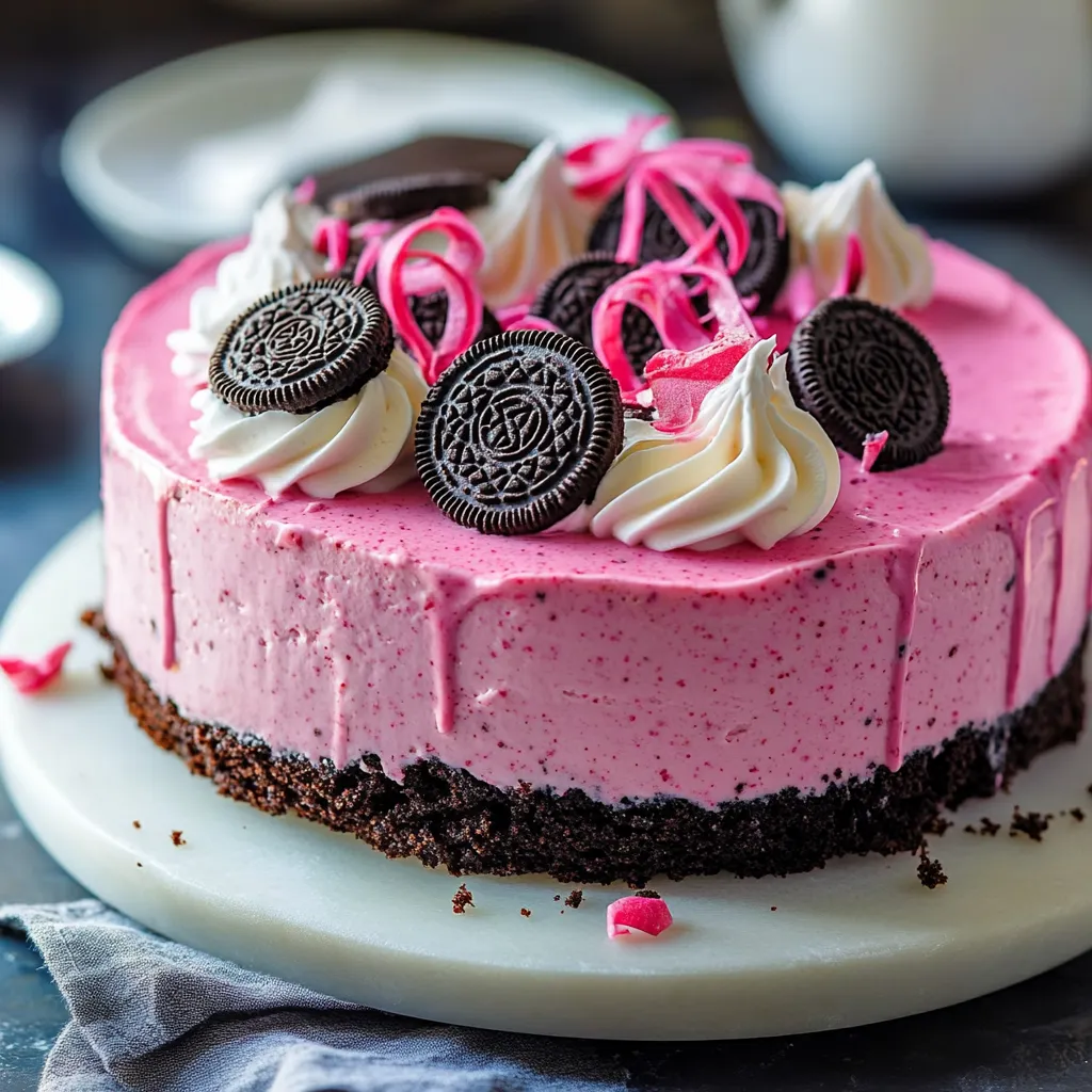 Decadent pink velvet cheesecake swirled with Oreos for a colorful and indulgent dessert.