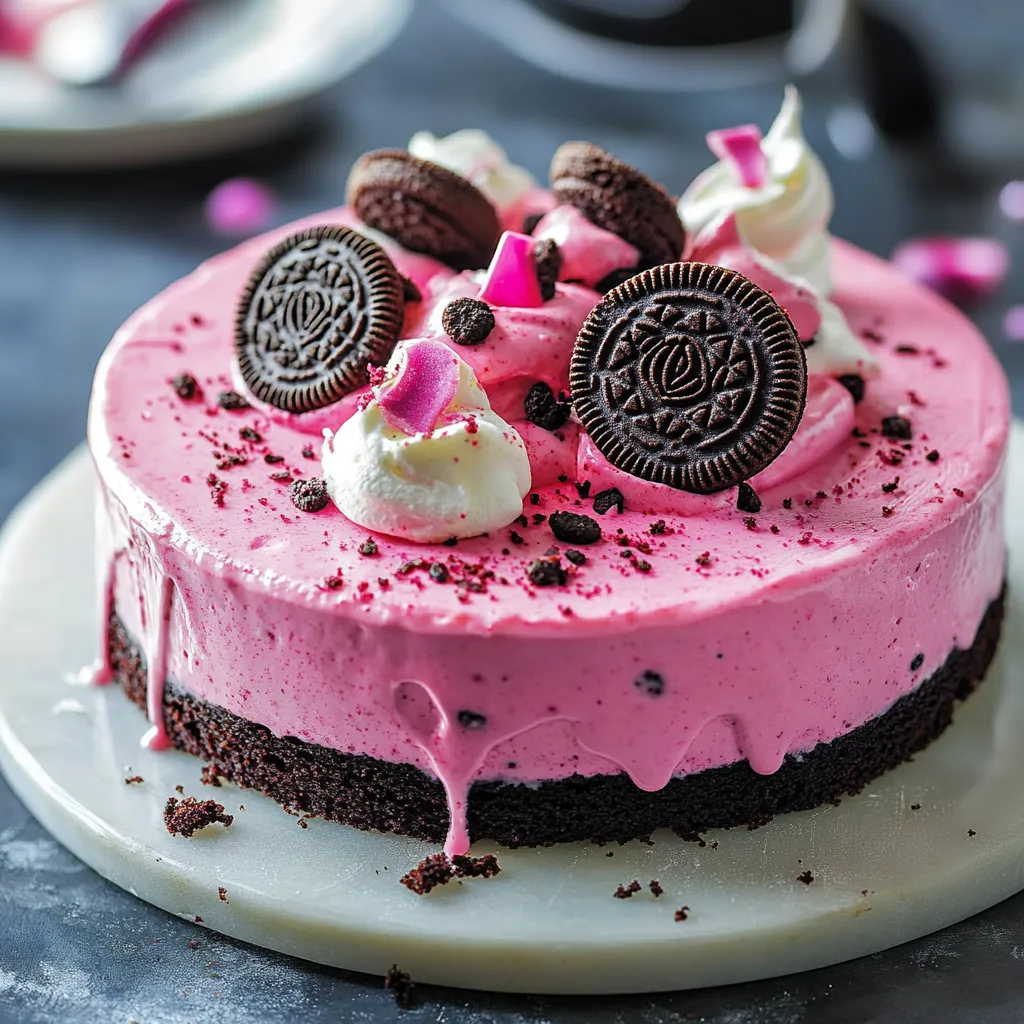 Luscious pink velvet Oreo cheesecake, combining sweet flavors with a perfect cookie crunch.