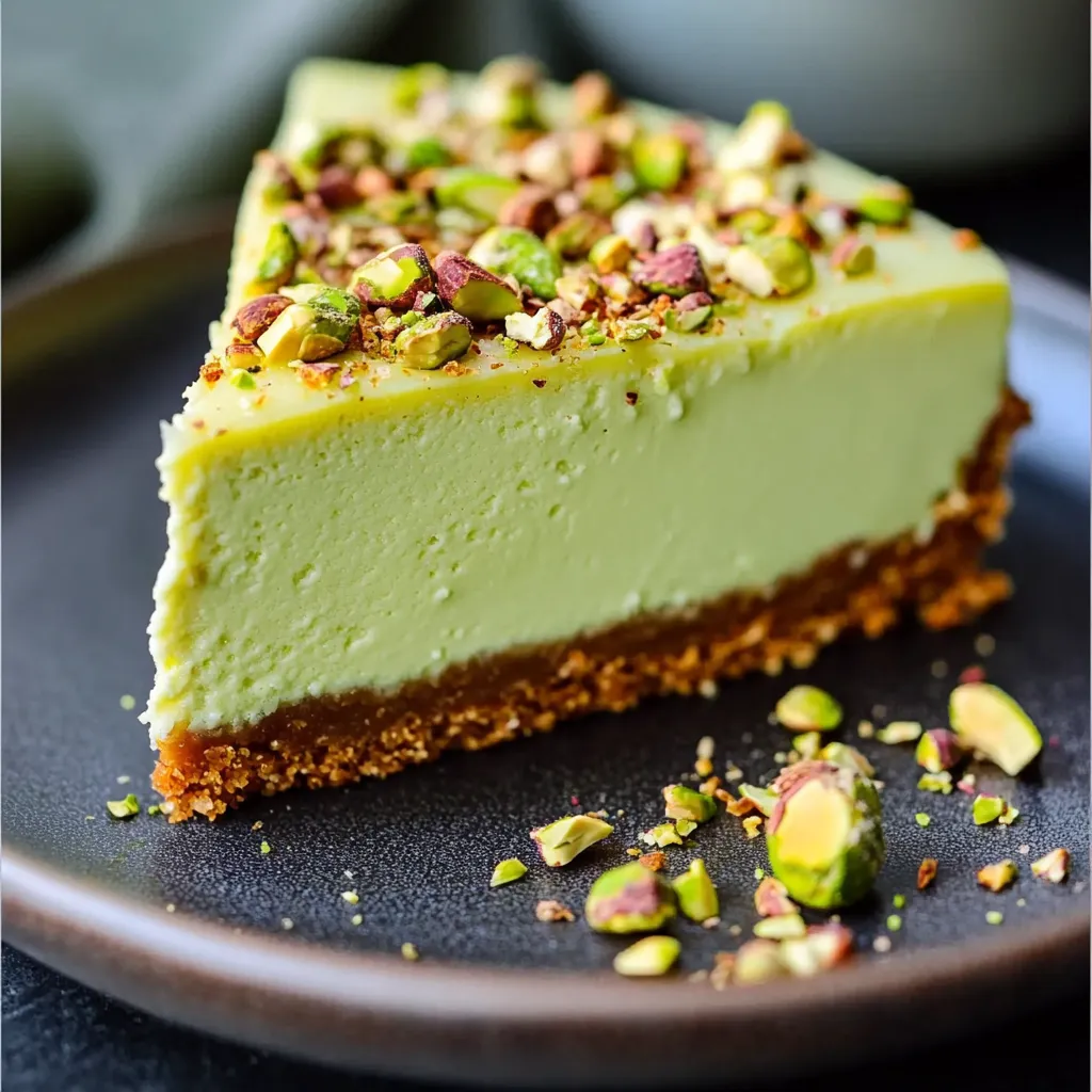 Decadent pistachio cheesecake featuring a rich, creamy filling and a hint of nutty sweetness.