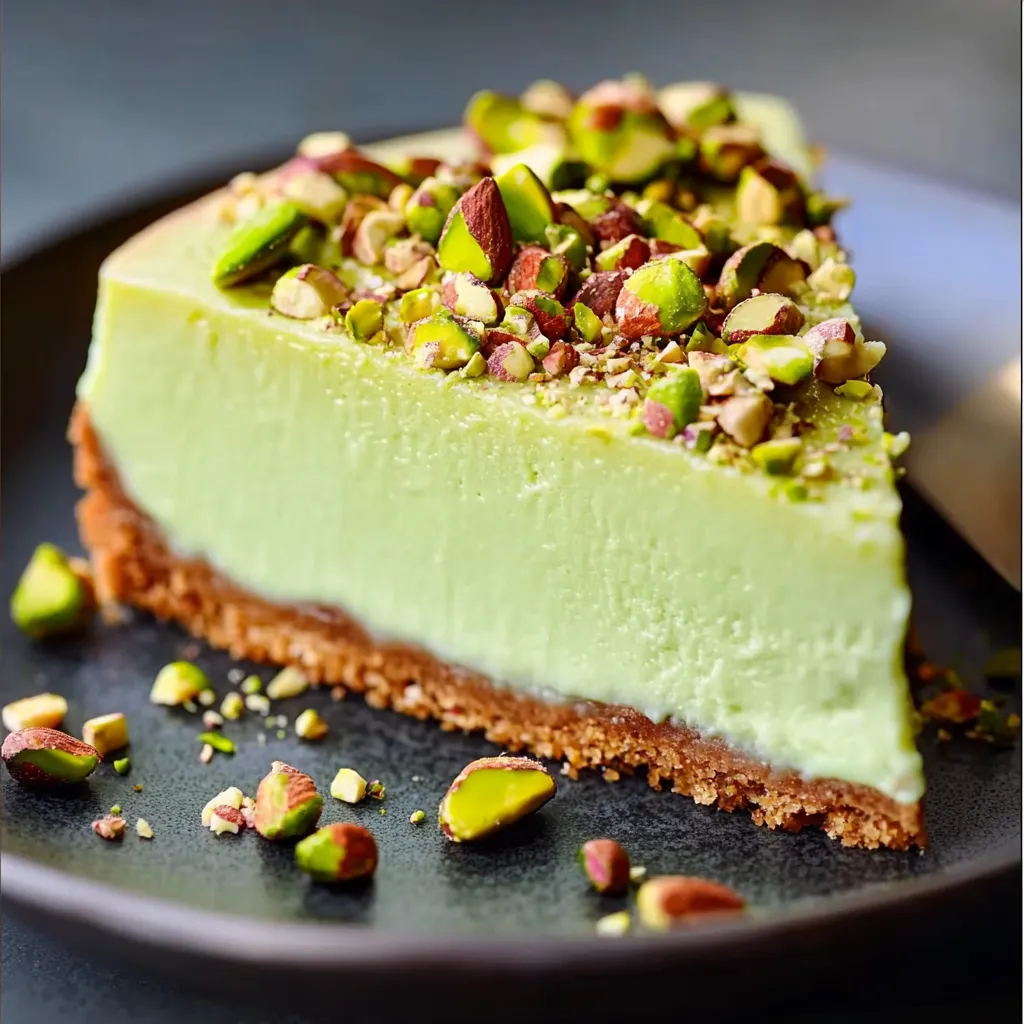 Creamy pistachio cheesecake with a buttery crust and vibrant pistachio flavor in every bite.