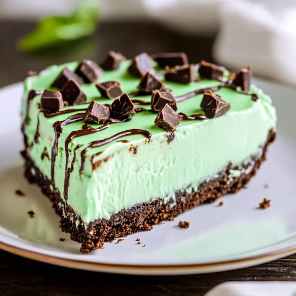 Smooth mint chocolate cheesecake topped with a layer of rich chocolate for a delightful dessert.