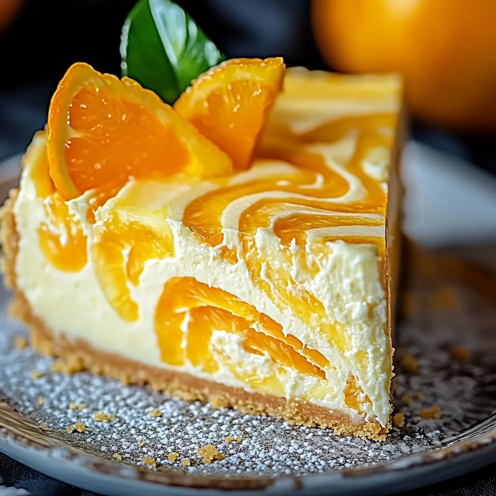 Luscious orange pineapple swirl cheesecake, combining citrusy and fruity flavors in a creamy dessert.