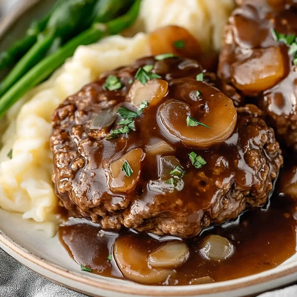 Juicy old-fashioned Salisbury steak served with savory onion and mushroom gravy.