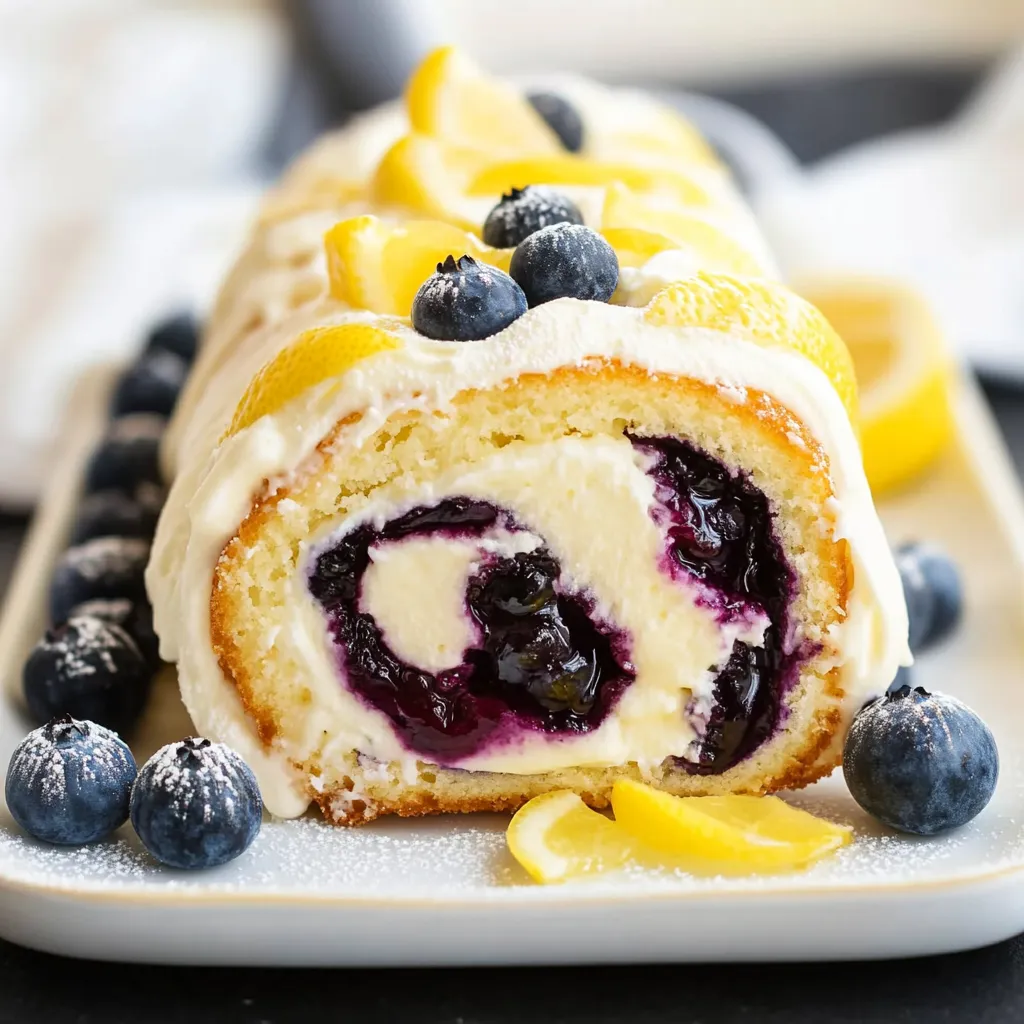 Refreshing lemon blueberry cake roll, combining airy angel food cake with sweet and tangy flavors.