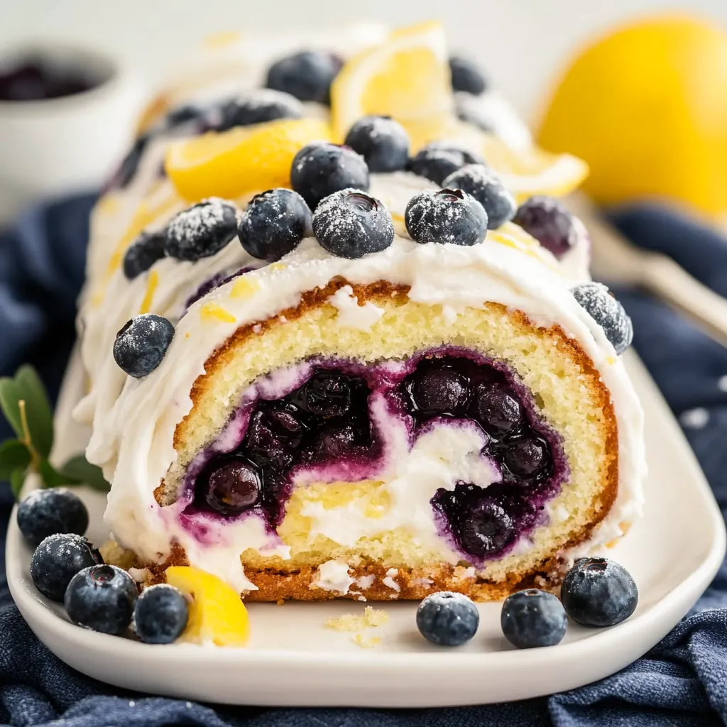 Angel food cake rolled with lemon cream and blueberries, a delightful and elegant dessert.