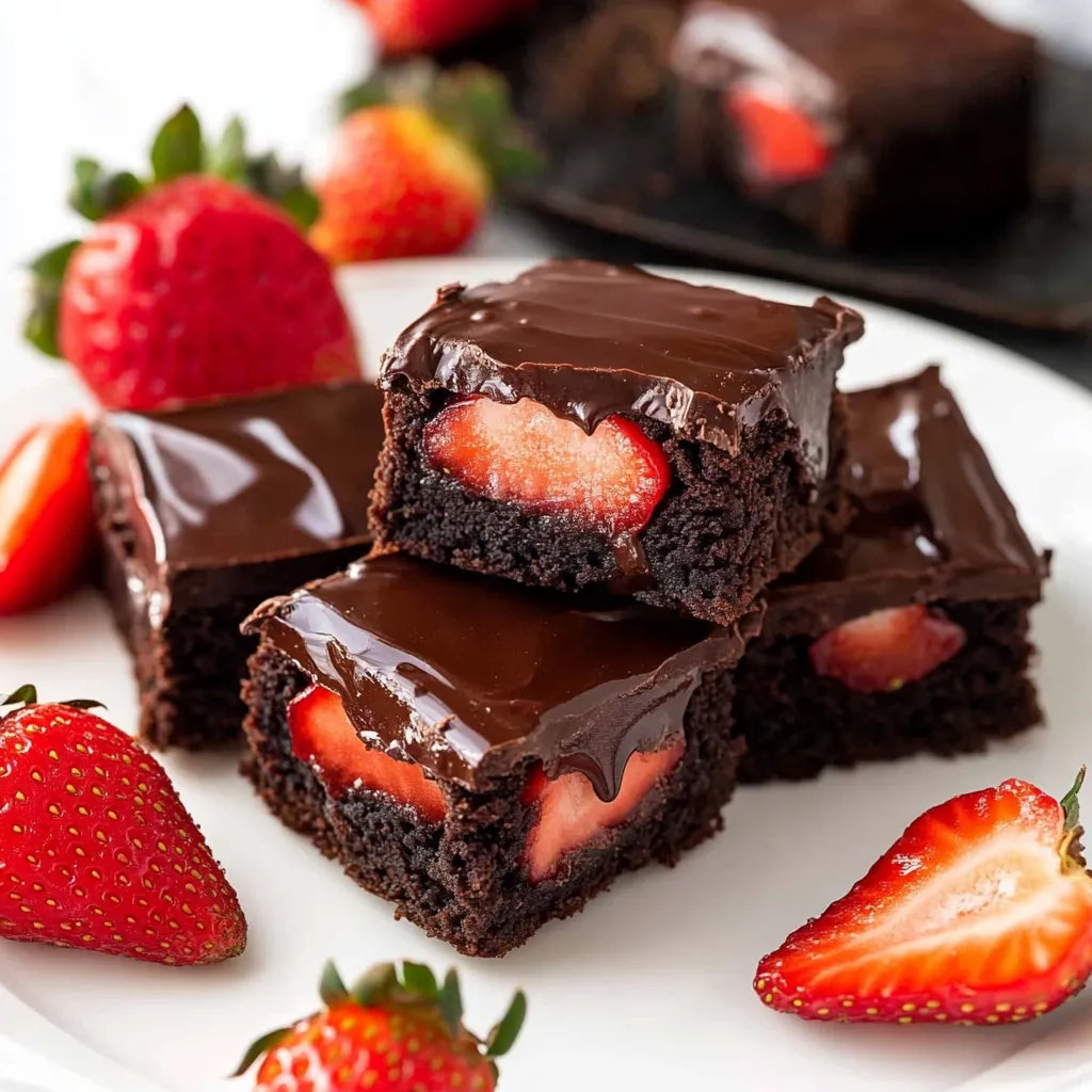 Rich chocolate brownies topped with fresh strawberries and a glossy chocolate coating.