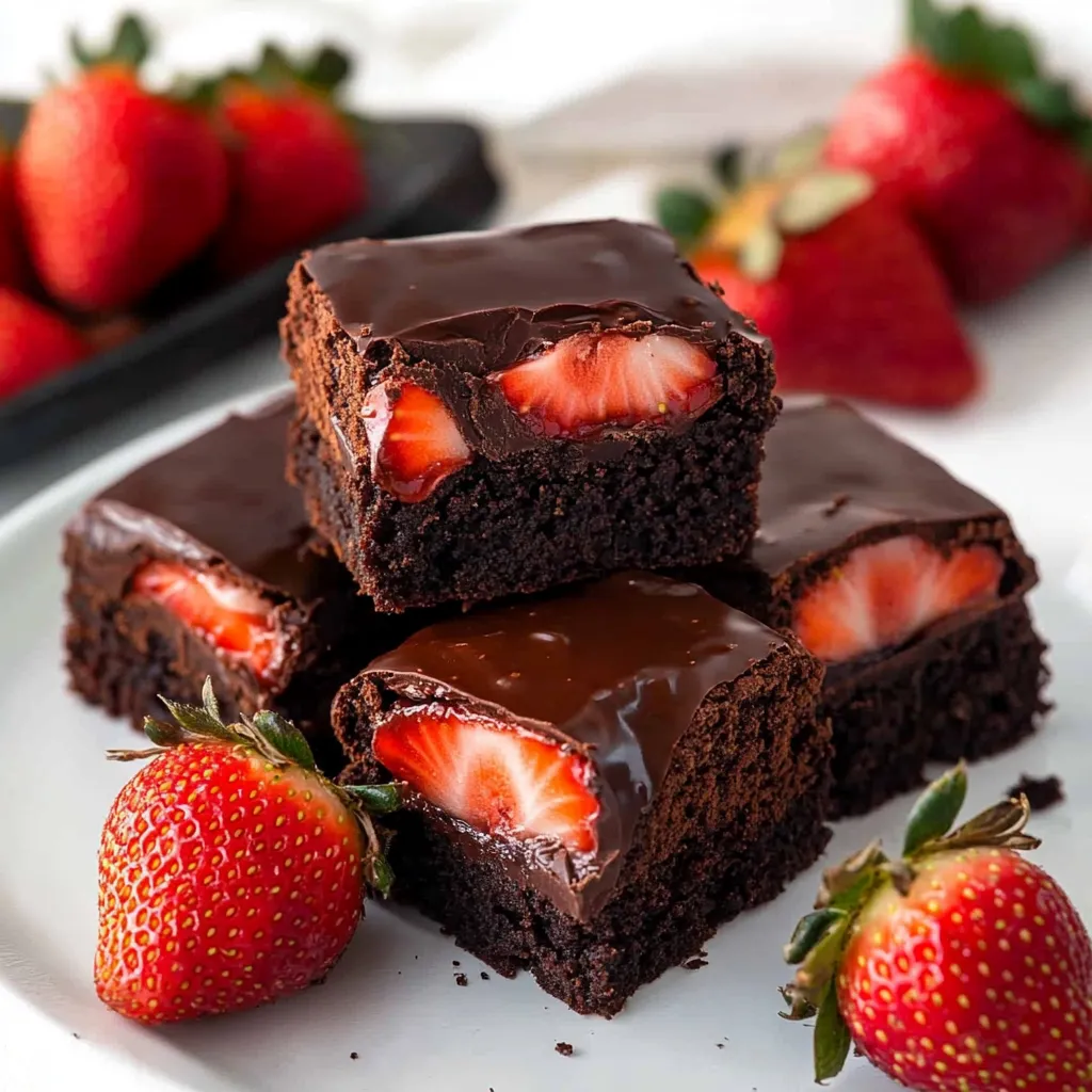 Decadent strawberry-topped brownies drizzled with smooth chocolate for a perfect dessert.