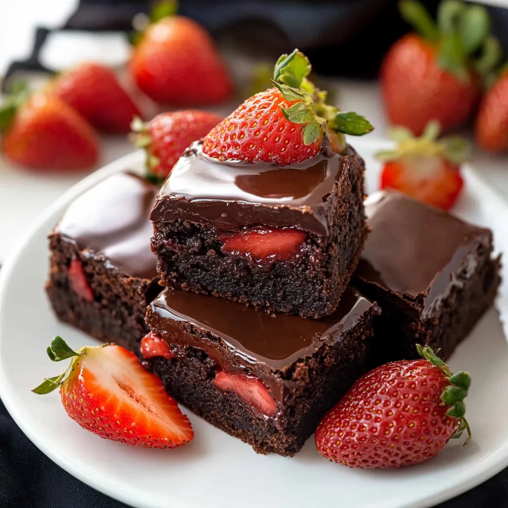 Fudgy brownies layered with strawberries and covered in a luscious chocolate shell.