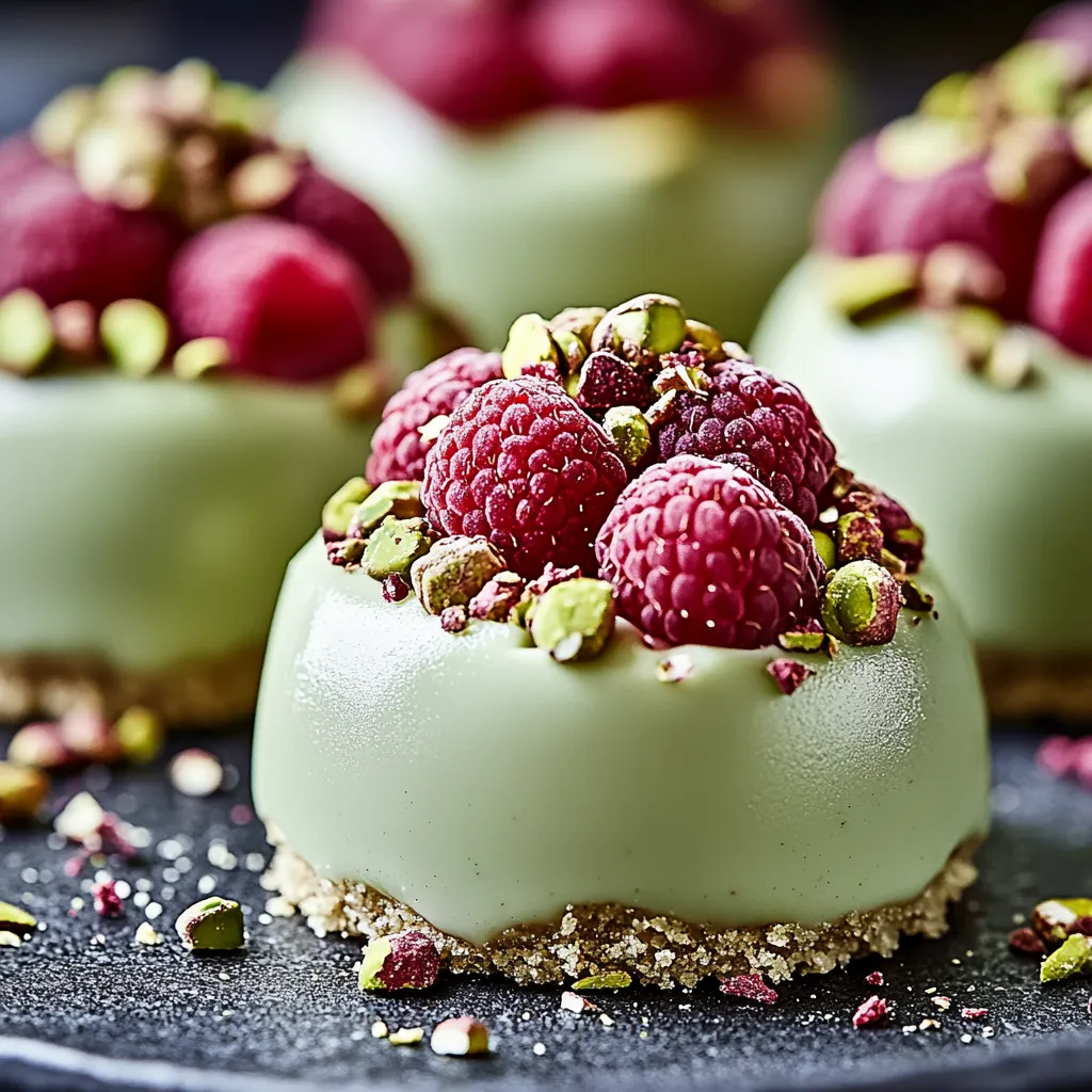 Elegant pistachio and raspberry cheesecake domes with a creamy texture and vibrant flavors.