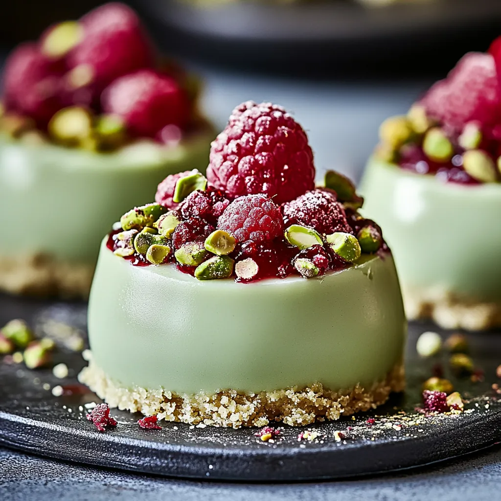 Decadent cheesecake domes infused with pistachio and raspberry, perfect for a sophisticated dessert.