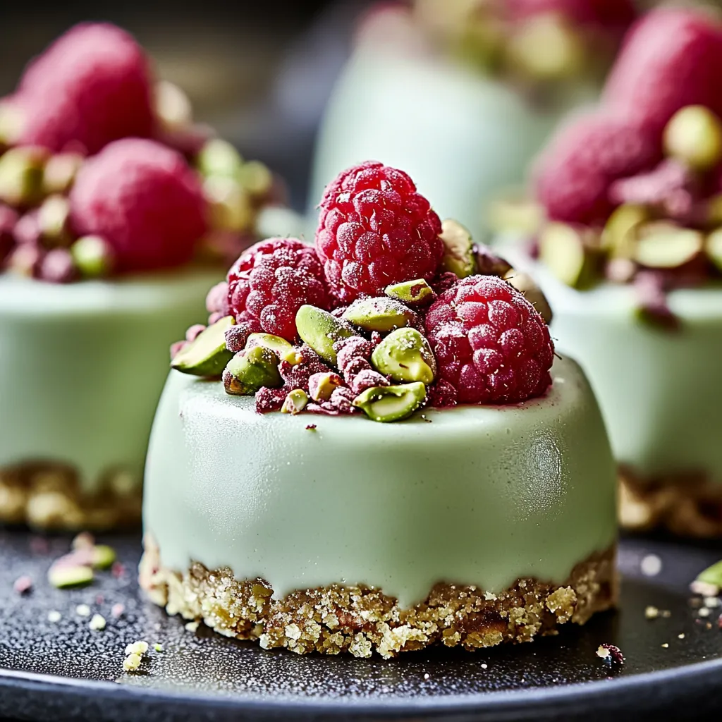 Smooth pistachio raspberry cheesecake domes, combining nutty and fruity flavors in a stunning presentation.