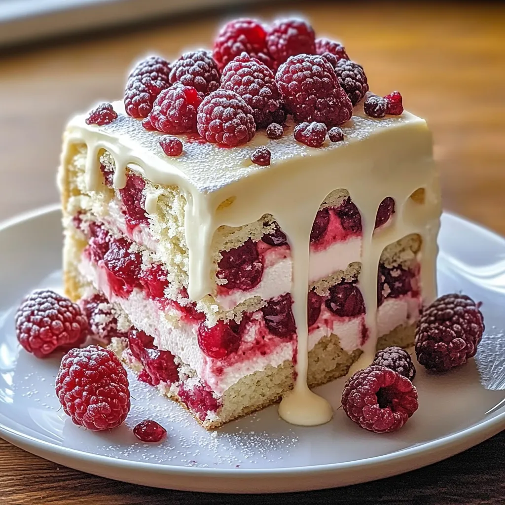 Elegant white chocolate raspberry cake with a smooth, rich flavor and vibrant berry accents.