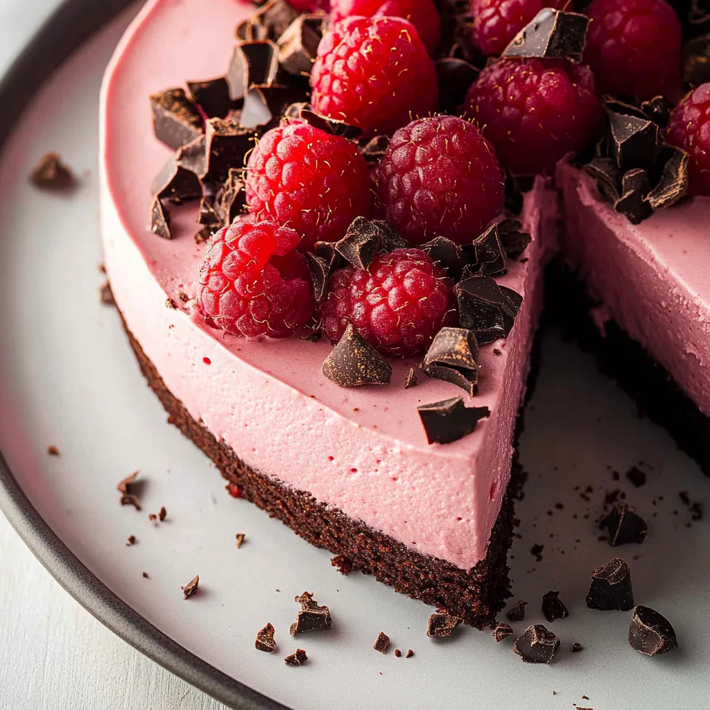 Rich chocolate mousse cake paired with tangy raspberry for a decadent dessert experience.