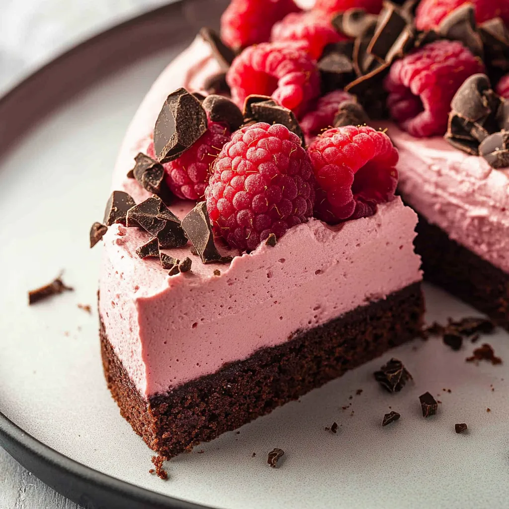 Smooth chocolate raspberry mousse cake featuring a luscious texture and bold, vibrant flavors.