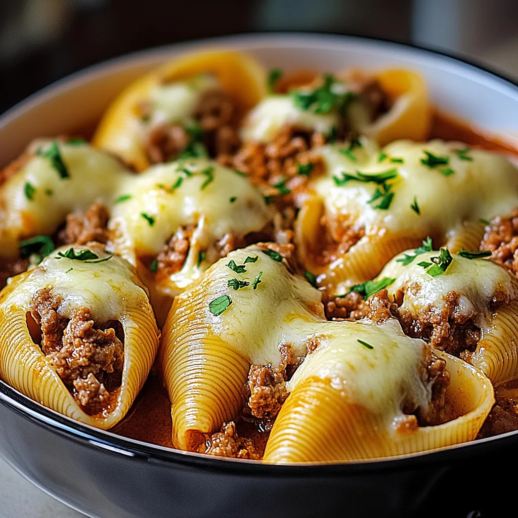 Cheesy ricotta and beef-filled pasta shells baked in a creamy, rich sauce for a perfect meal