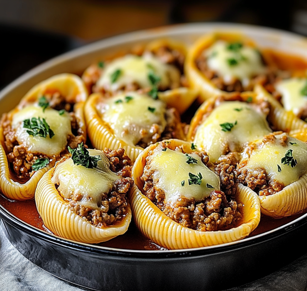 Tender pasta shells stuffed with beef and ricotta, baked to creamy perfection in a flavorful sauce.