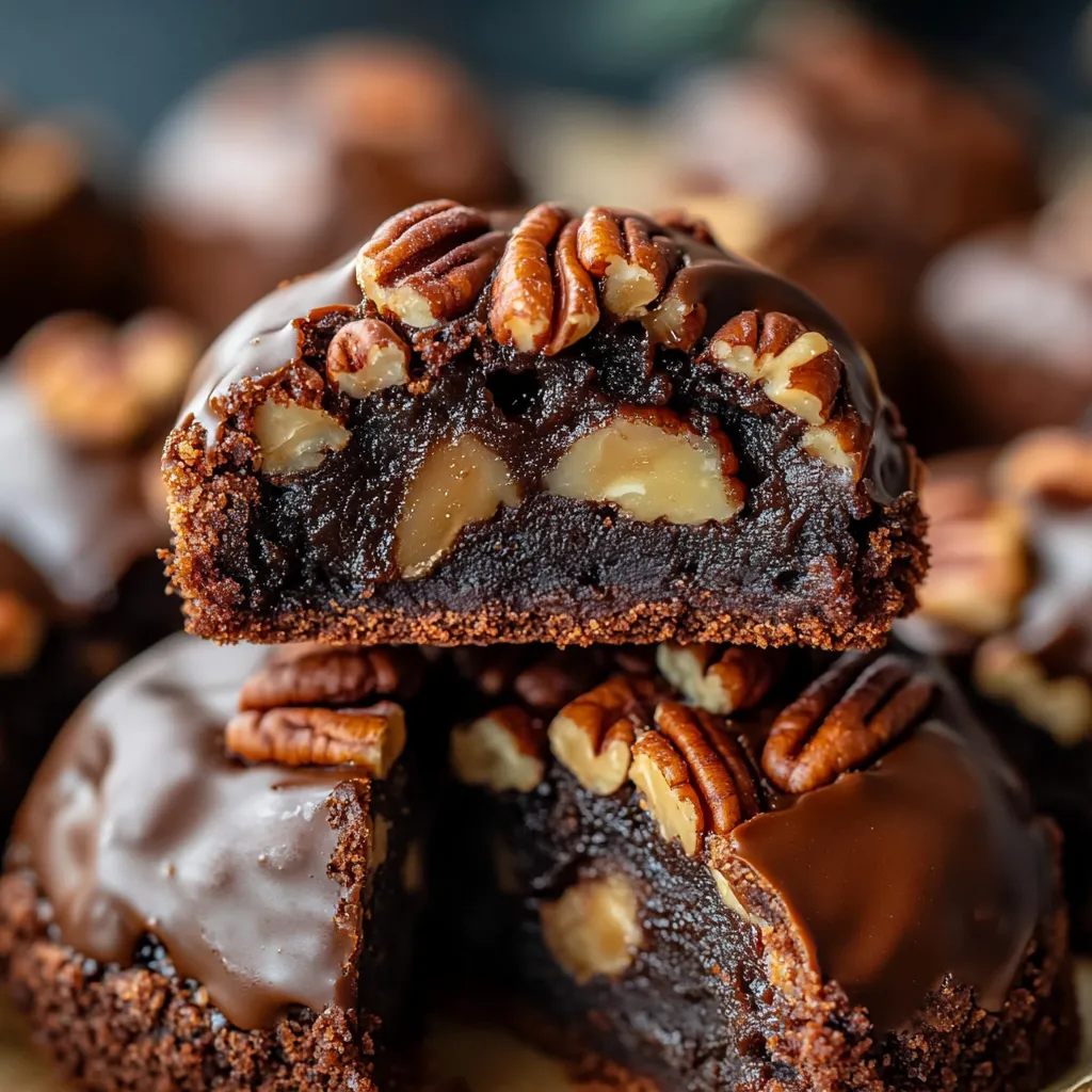 Chocolate brownie bombs stuffed with pecan pie filling for a rich and irresistible treat.