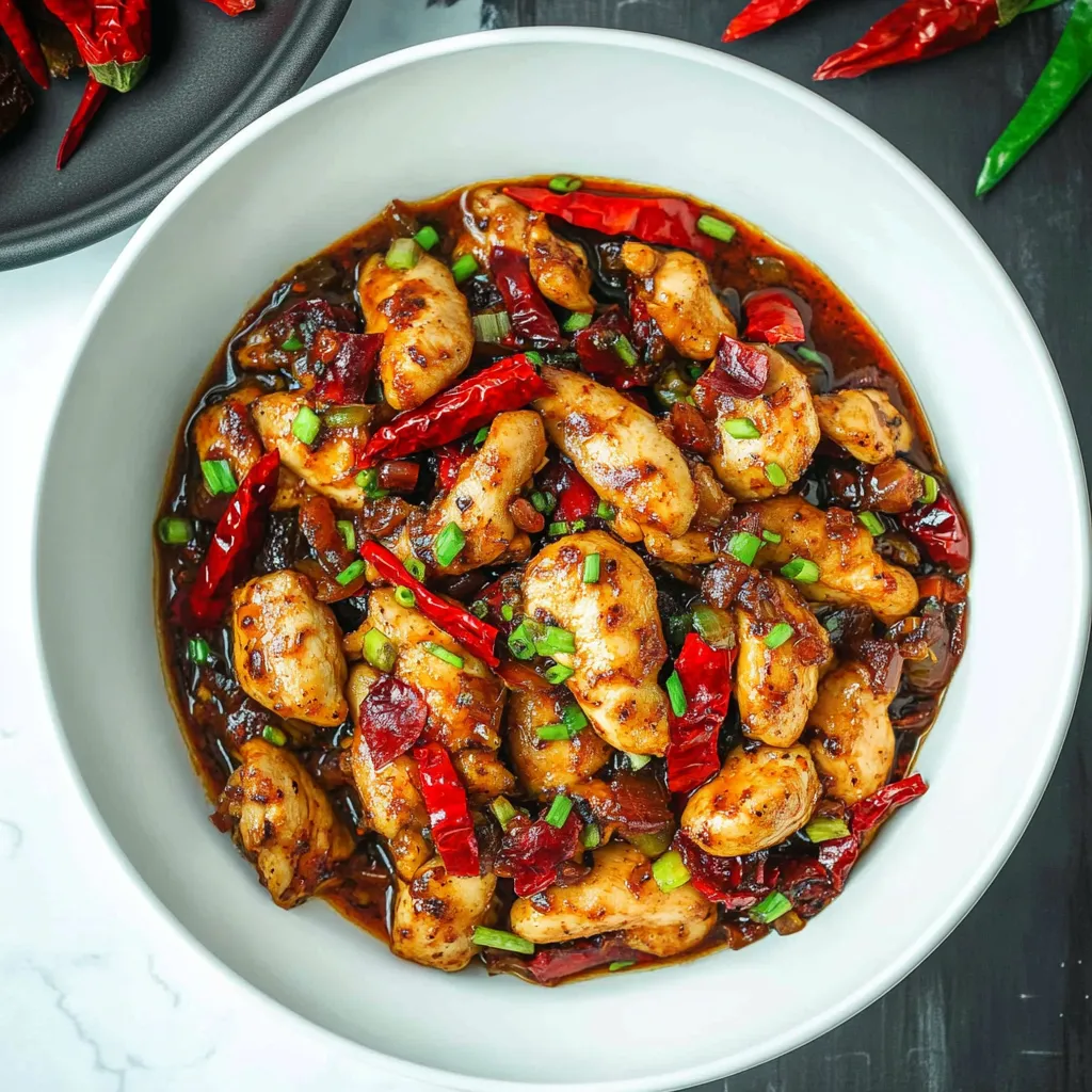 Bold and flavorful spicy pepper chicken with tender pieces and a fiery kick.