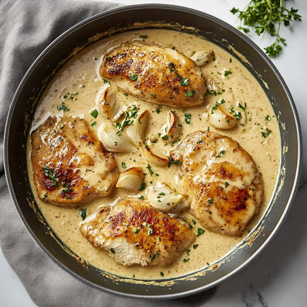 Creamy garlic chicken with a luscious sauce and tender, savory chicken pieces.