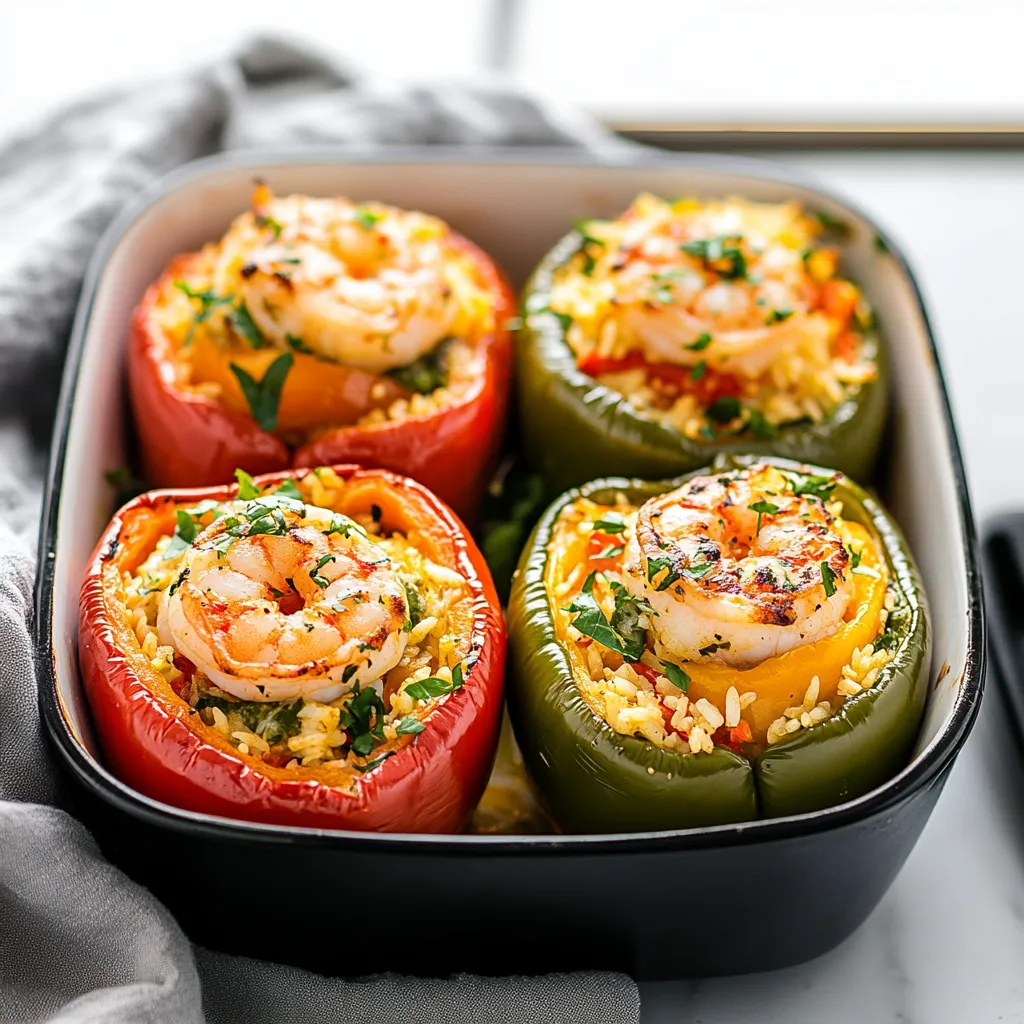 Shrimp-stuffed peppers with rice, combining fresh seafood and vibrant flavors in a wholesome dish.