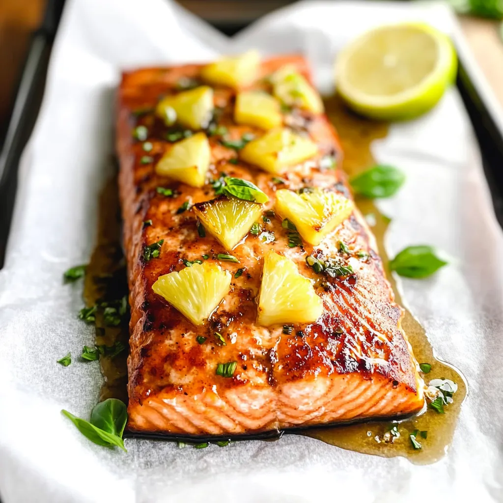 Juicy honey pineapple salmon with a caramelized glaze and vibrant fruity flavor.