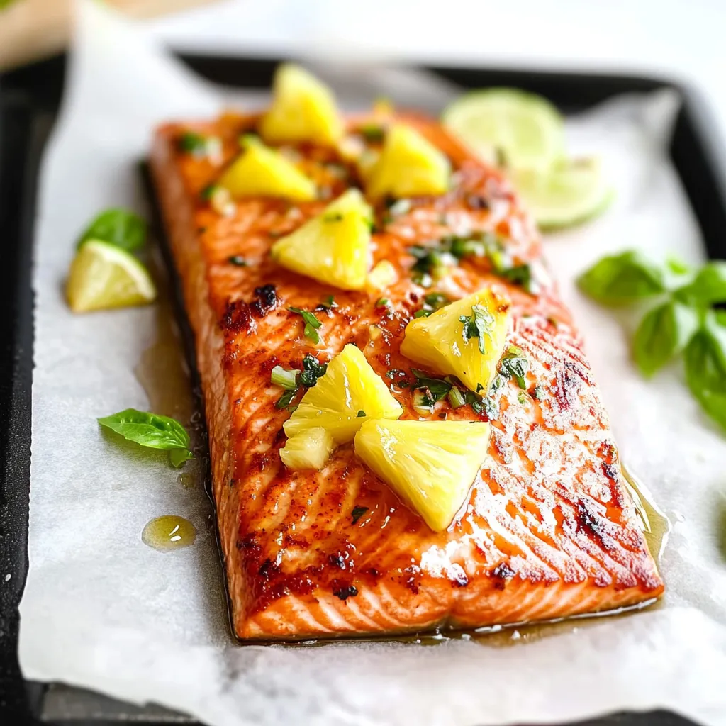 Honey-glazed salmon paired with tangy pineapple for a refreshing and flavorful dish.