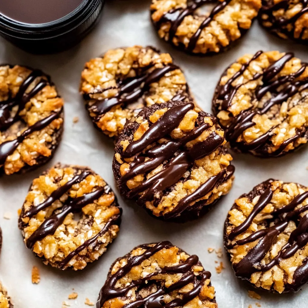 Delicious Samoas cookies featuring a rich caramel layer and a hint of toasted coconut.