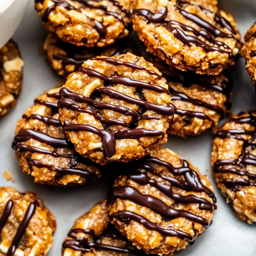 Chocolate-drizzled Samoas cookies with a perfect balance of sweet, chewy, and crunchy textures.