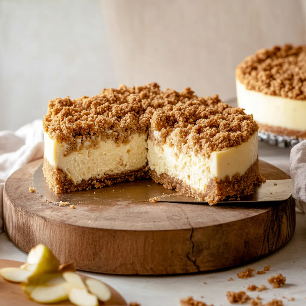 Decadent cheesecake layered with spiced apples and a crispy crumble topping.