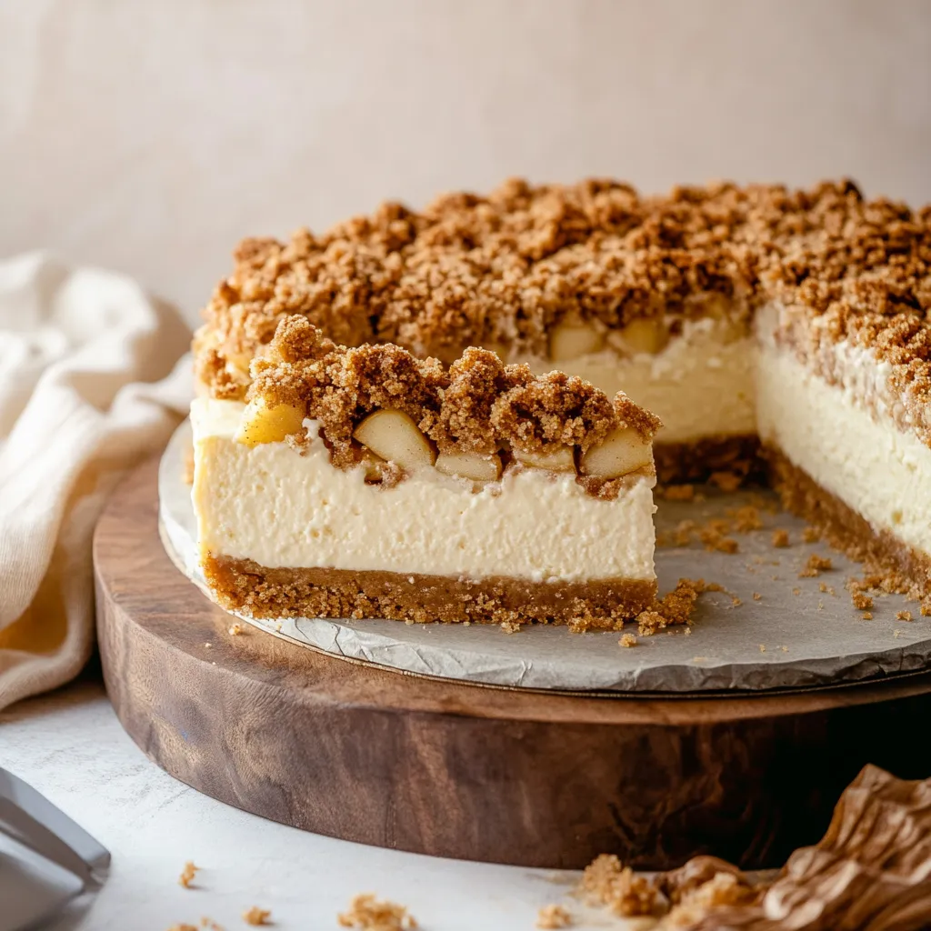 Apple crumble cheesecake combining rich creaminess with warm, spiced apple flavors.