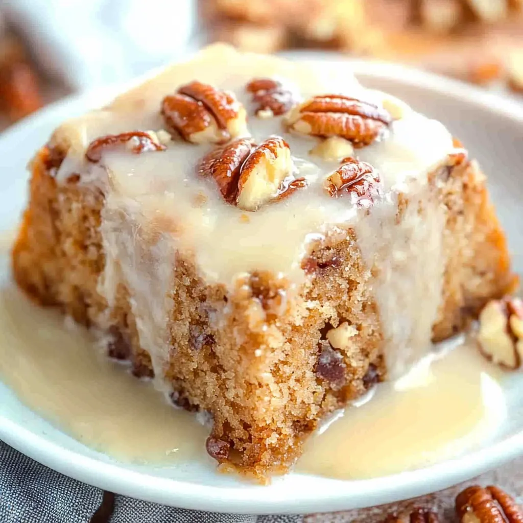 Southern-style praline cake packed with pecans and topped with a creamy butter sauce.