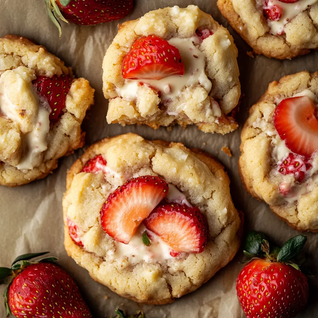 Soft strawberry cheesecake cookies with a creamy center and bursts of fruity flavor.