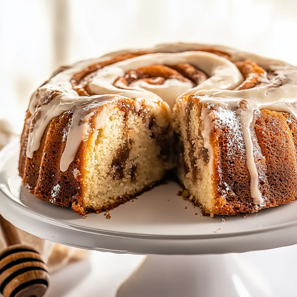 Moist honey bun swirl cake with cinnamon layers and a sweet glaze, perfect for dessert or brunch.