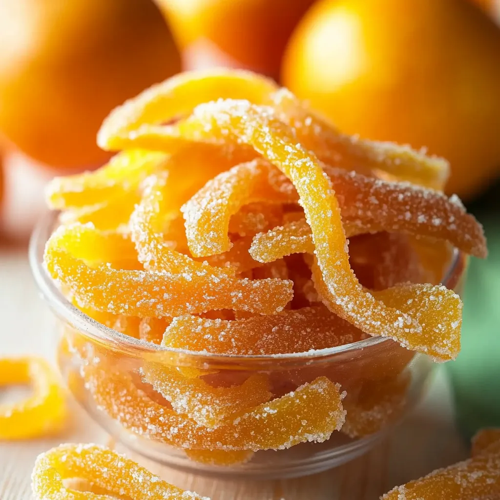 Sweet and chewy candied orange peel with a zesty citrus flavor, perfect for snacking or baking.