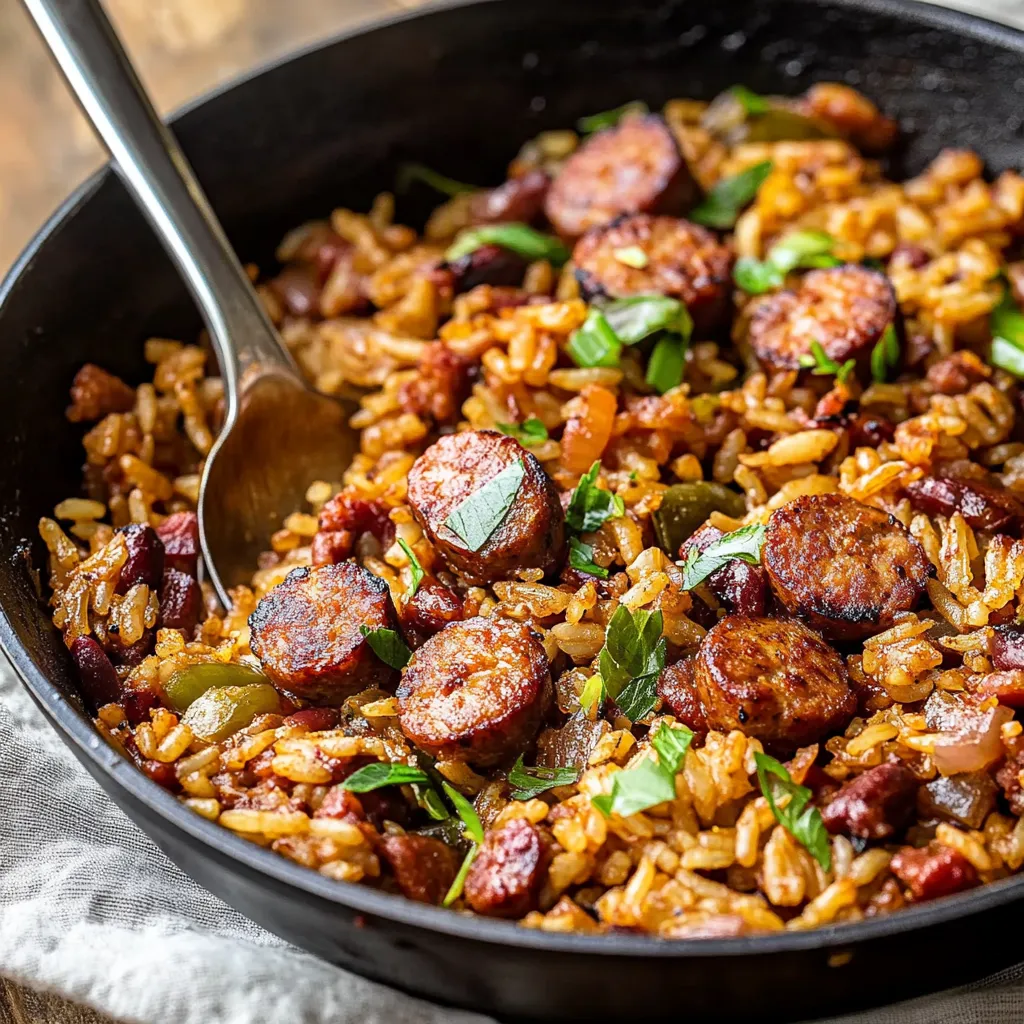 Delicious Cajun skillet with savory sausage, spiced rice, and vibrant seasonings for a one-pan meal.