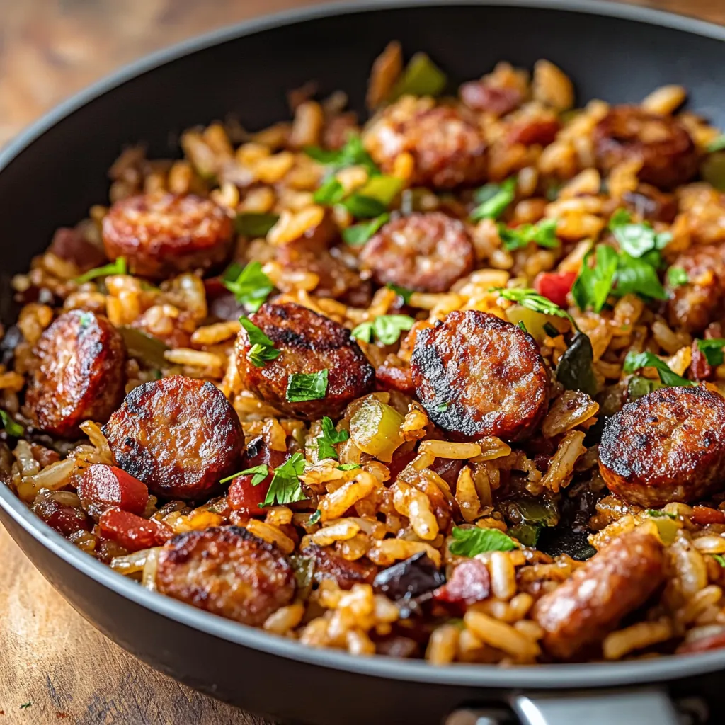 Flavorful Cajun rice sausage skillet, perfect for a simple and satisfying dinner.