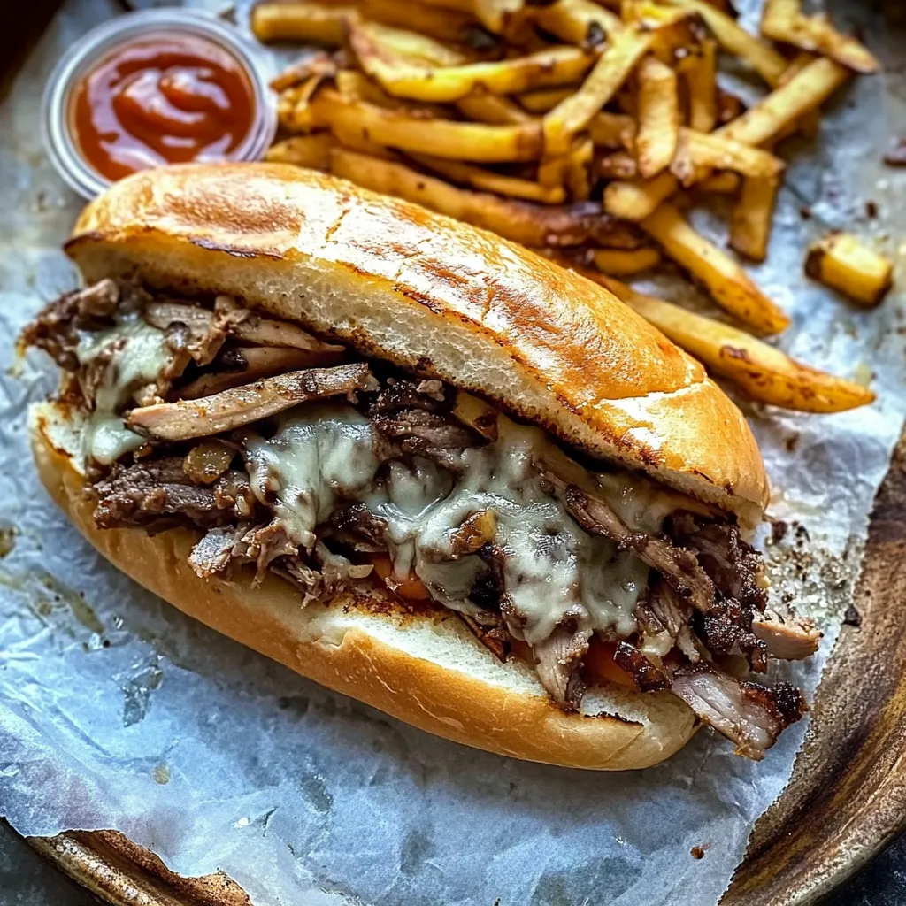 Classic Philly cheesesteak loaded with juicy steak, gooey cheese, and soft hoagie rolls.